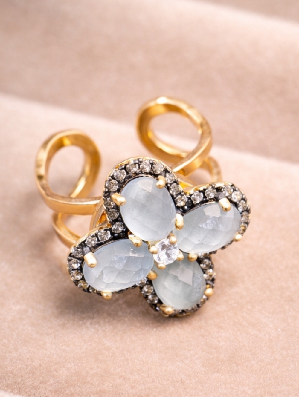 1980s Artisan Aquamarine Glass Ring Gold Plated Adjustable Statement Ring